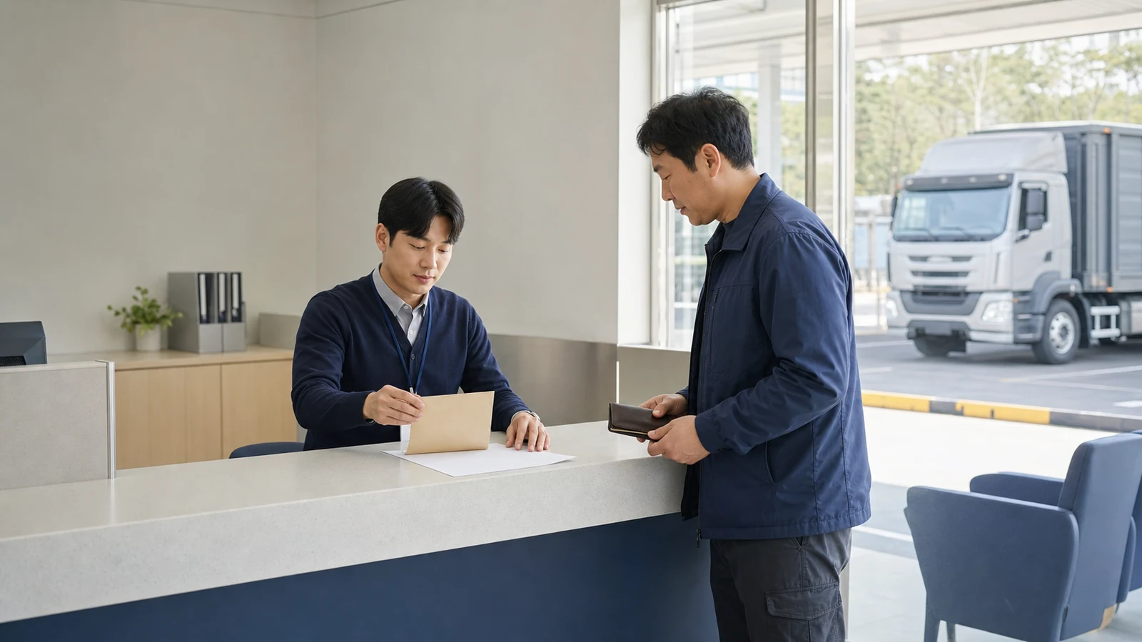 공공 민원 상담 공간에서 빈 서류 봉투와 신청서를 직원에게 확인받는 화물기사와 창밖에 주차된 화물차