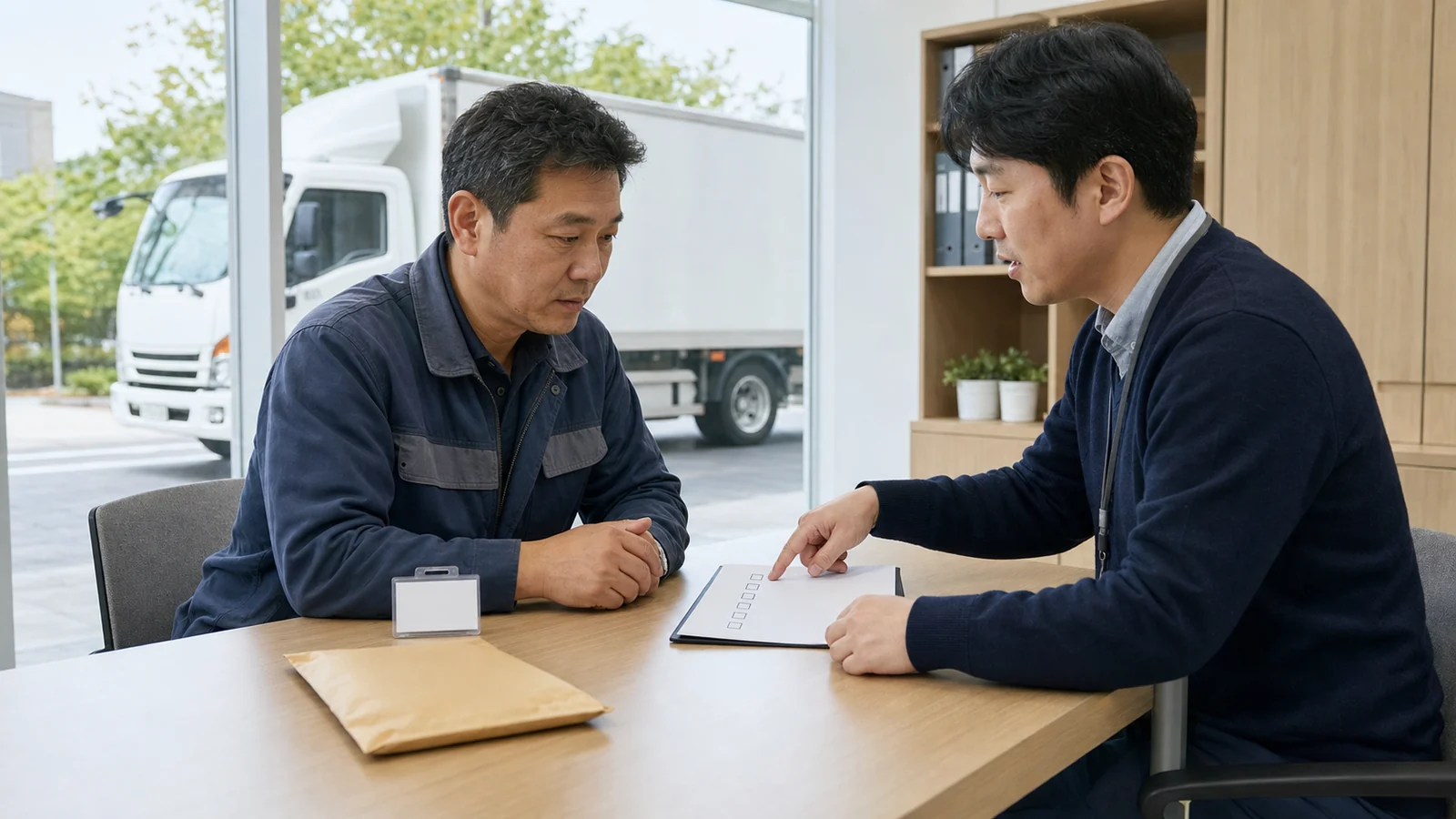 공공 상담 창구에서 화물기사가 빈 자격카드와 처분 봉투를 놓고 상담 담당자와 확인 순서를 살펴보며 창밖에 화물차가 보이는 모습