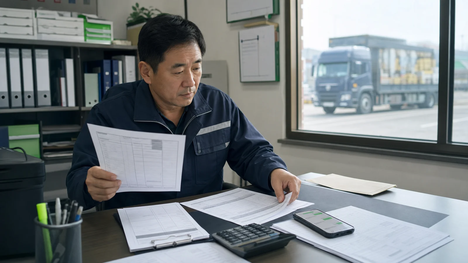 물류 사무실에서 배차서와 운송 인수증, 정산 내역을 대조하며 미수 운송료 증빙을 정리하는 화물기사