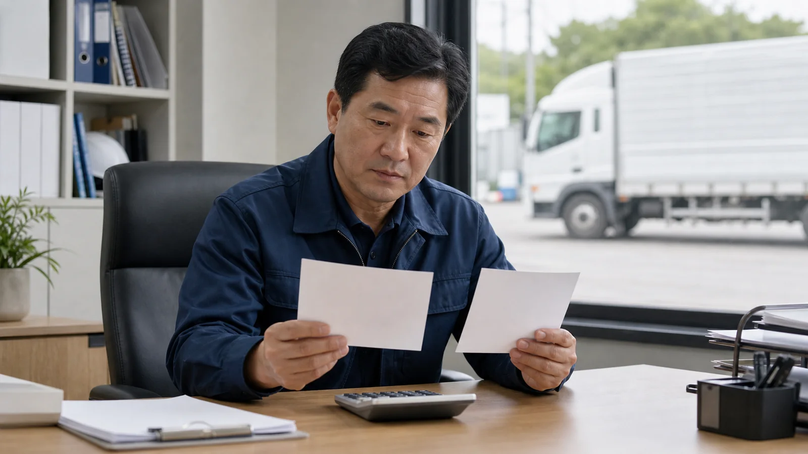 물류 사무실에서 두 장의 빈 견적 카드와 계산기를 놓고 운임 조건을 비교하는 화물기사